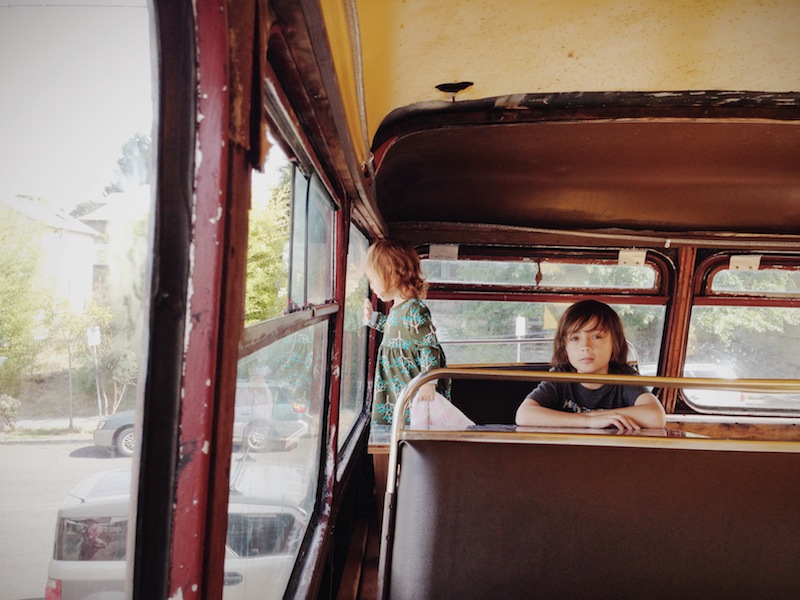 Lucy and Penn in the double decker bus